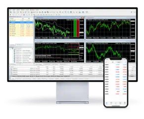 Platform trading screens showing TheBullsFX web trader on a mobile and large screen